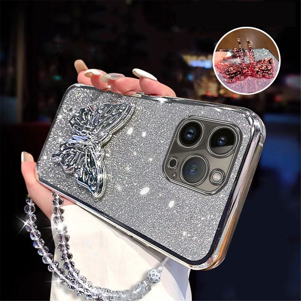 Honor 200 Pro pemegang ponsel kupu-kupu 3D, casing gelang kristal untuk Honor 200 90 100 80 70 60 50 Pro SE Glitter lapisan lembut