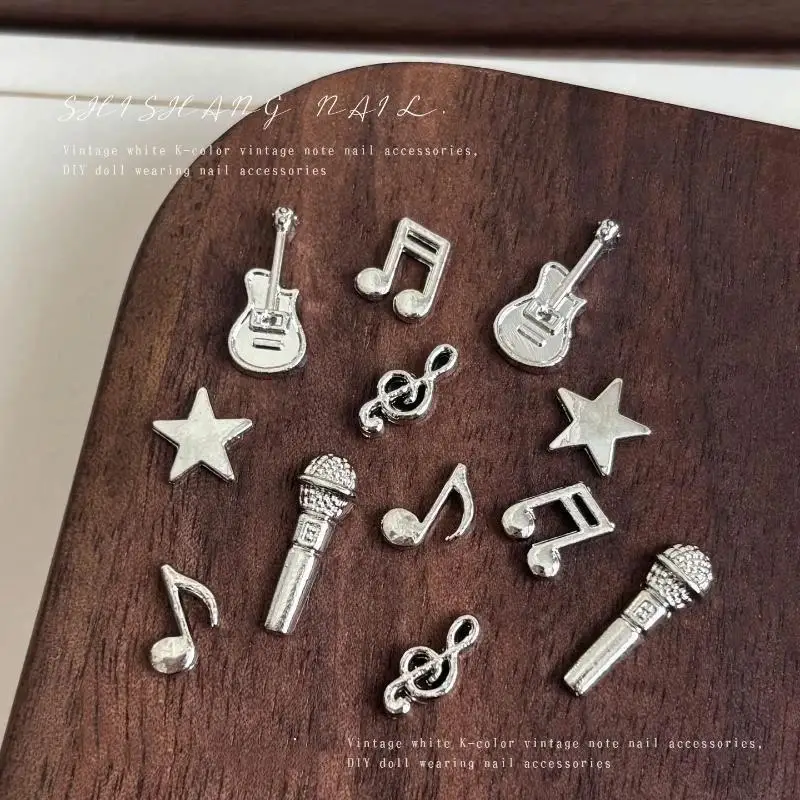 New 10Pcs Notes Guitar Microphone Punk Music Elements Rivet Nail Decor Silvery Instruments Metal Nail Art Charms Decoration