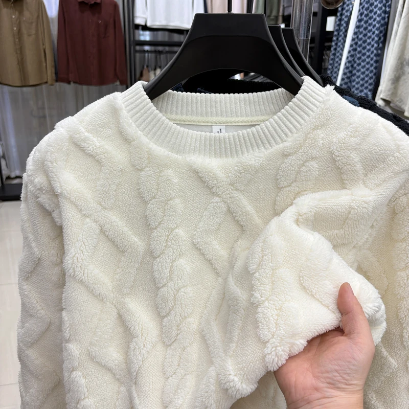 

Man Luxury Design Long Sleeves Knitwear Flannel Argyle Pattern Fleece-Lined Round Neck Leisure Fashion Pullover Winter Mens Tops