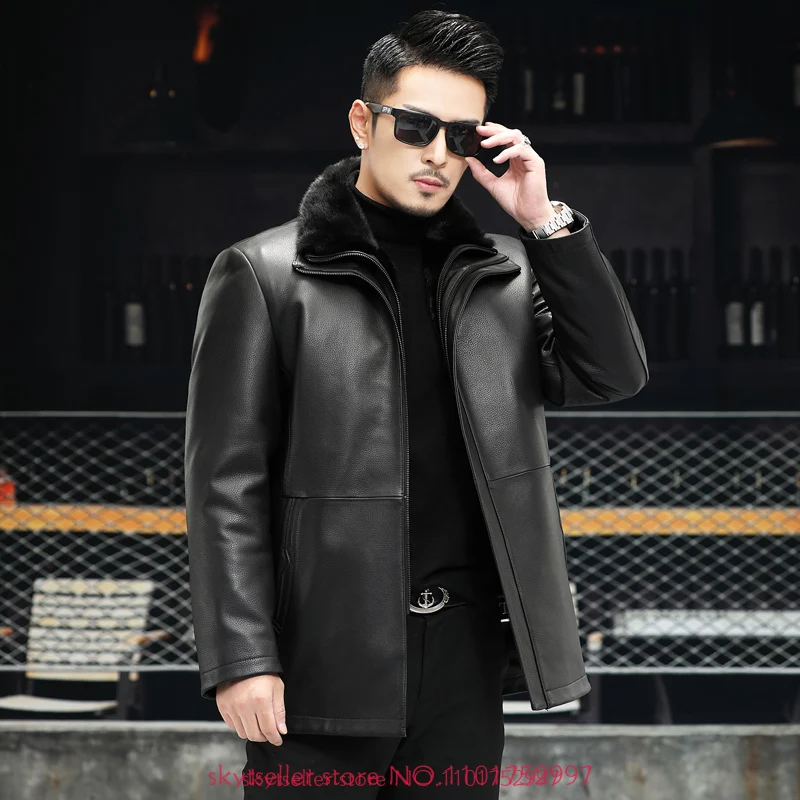 Fur coat Genuine Leather Jacket  Men sheepskin coat  Leather Coat  Mens mink liner shearling Jacket