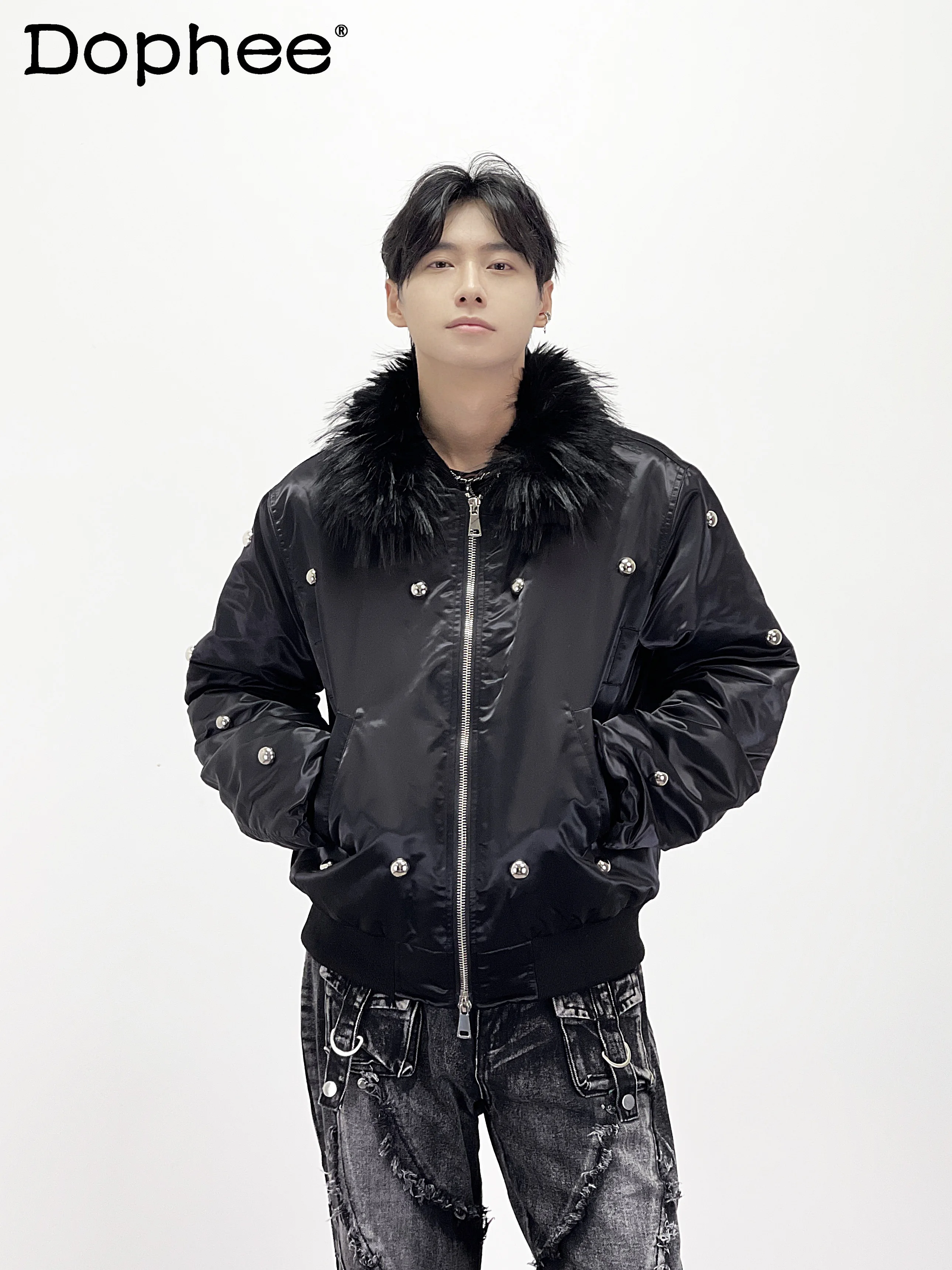 Y2K ثقافة فرعية الموضة الأمريكية العصرية الفراء طوق سترة القطن معطف الظلام الشرير نمط الشتاء سميكة ملابس خارجية دافئة للرجال