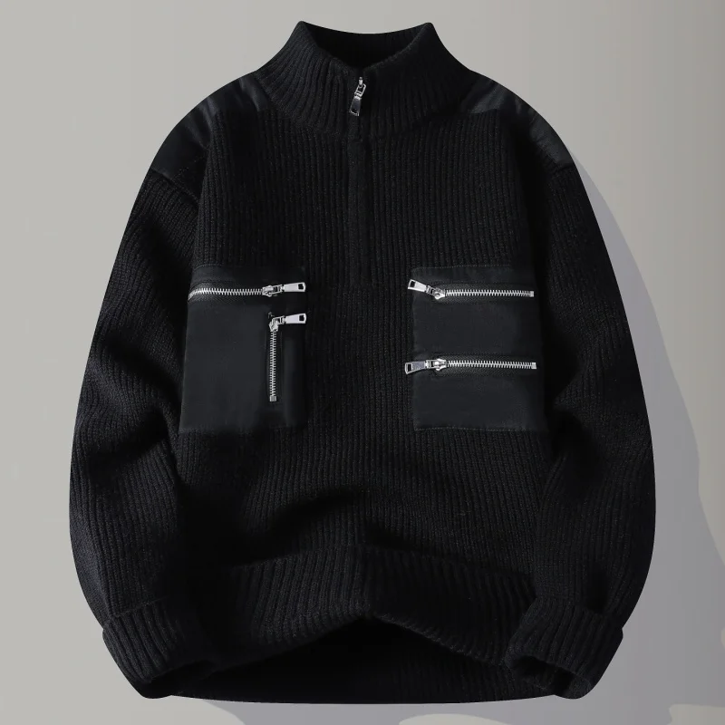 الرجال الفاخرة الخريف الشتاء طويلة الأكمام متماسكة سترة عالية الرقبة سستة جيب الدفء السترة الاتجاه الترفيه الرجال الملابس قمم #4