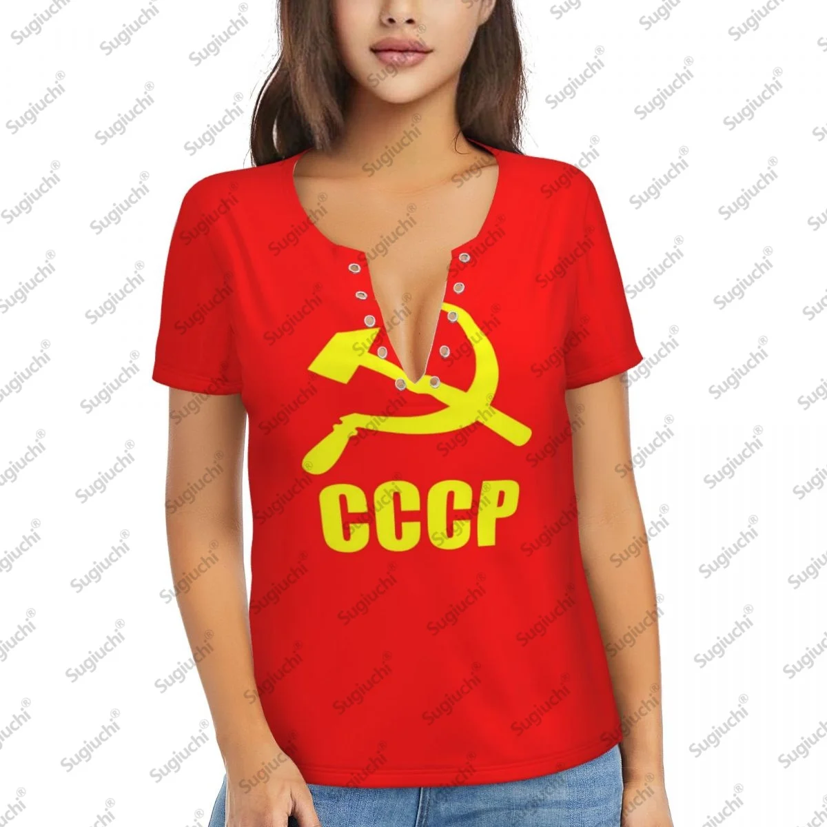 

2025 CCCP Ussr Flag Sexy Deep V Neck Women 3D Short Sleeve Fashion Tees Female Clothing Tops Girl Casual Blouse Tees