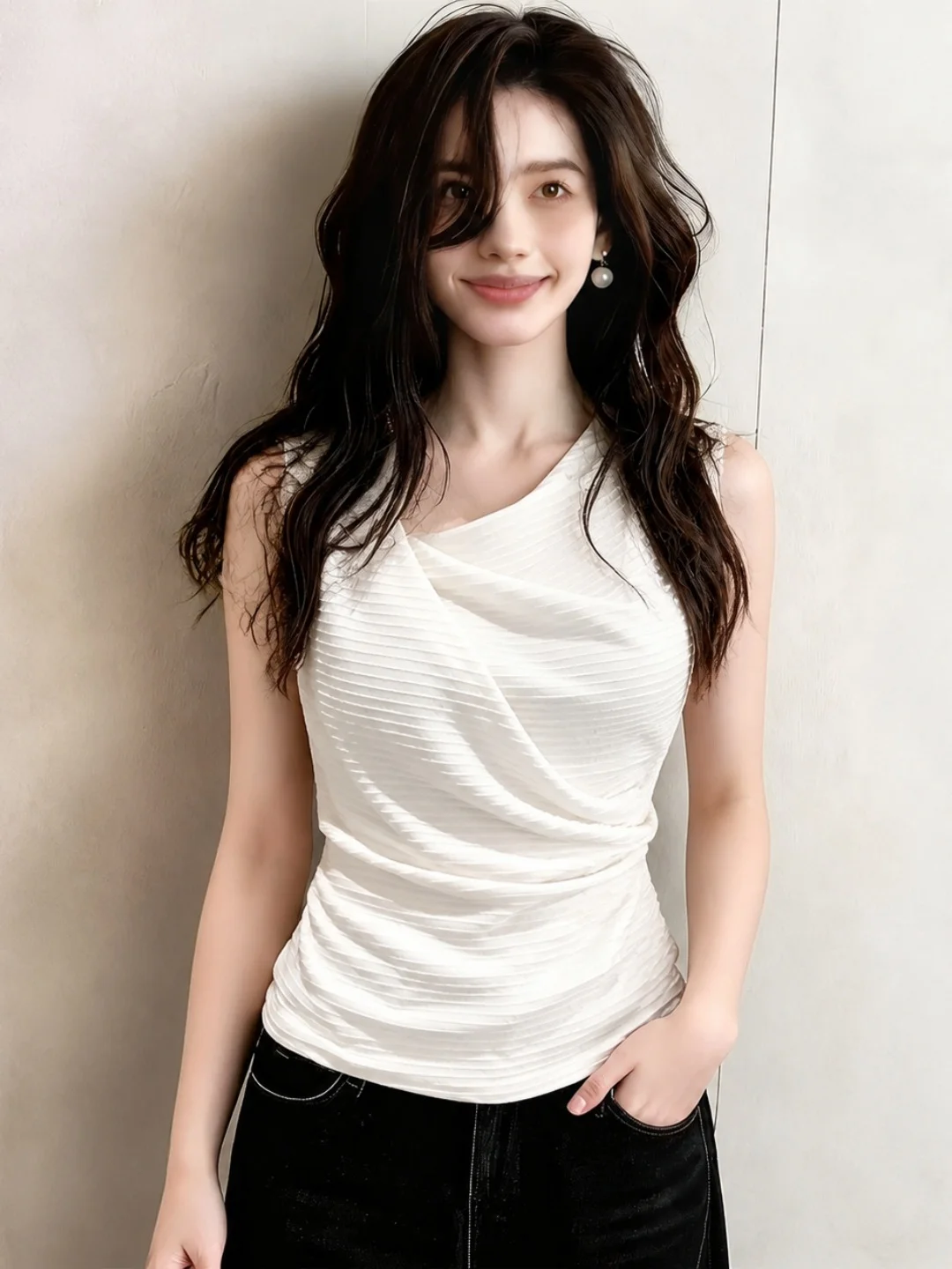 

Elegant Light Maturity Style Off-Shoulder Sleeveless Top Pure Color Design Fashionable Overhead Small Shirt Korean Version Sl...