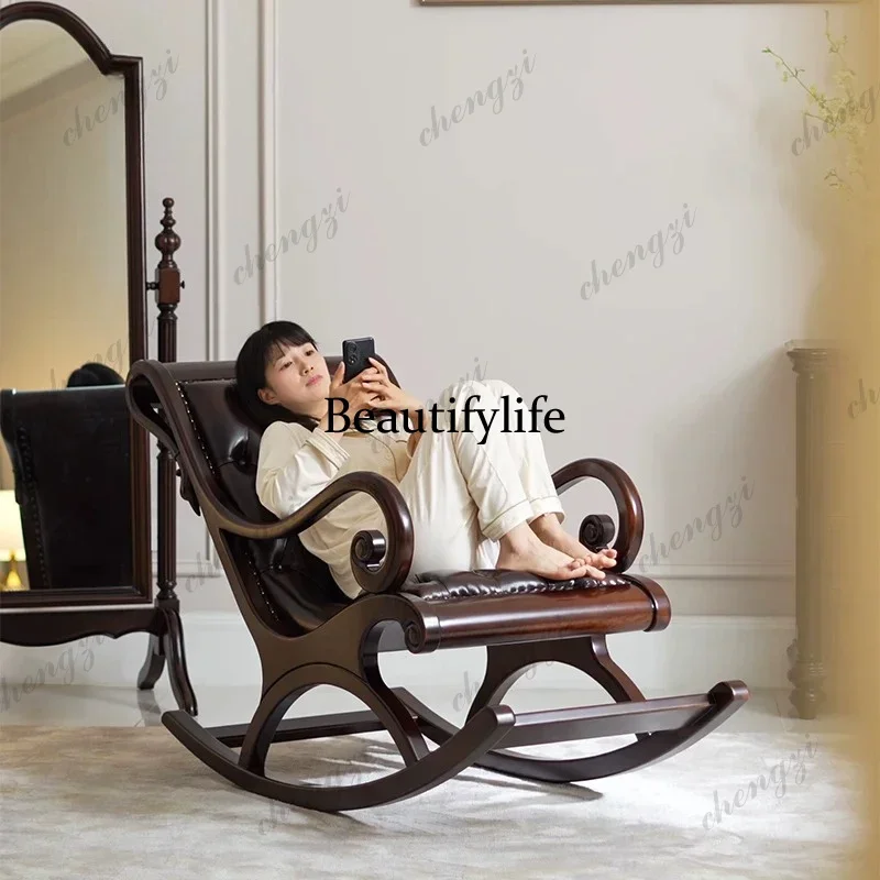 A74American sofa, solid wood, leather adult recliner, sofa rocking chair for home leisure