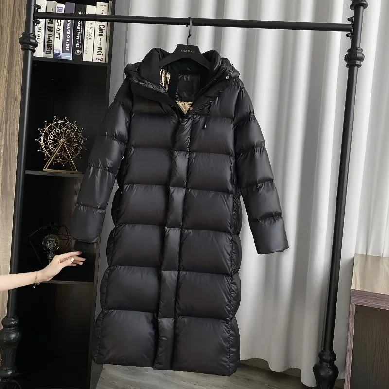 Careaymade-Winter Black Gold White Duck Down Mid-Length Down Jacket Women's Clothing Chic Hooded Windproof Below The Knee Warm