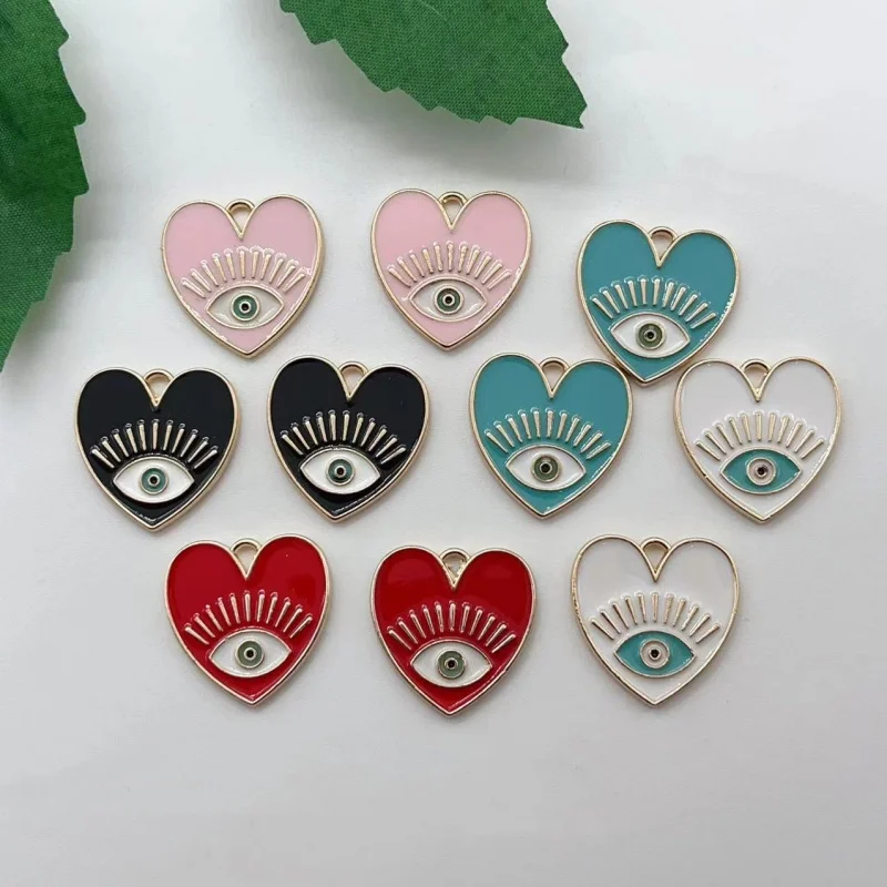 10pcs Gold Color 20x20mm Cute Enamel Heart Eye Charms Eyelash Pendant Fit Necklaces DIY Handmade Jewelry Making Finding Supplies