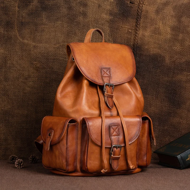 Natural Leather Men Backpack Handmade Genuine Leather Laptop Backpack Vintage Travel Bags Large Capacity Boys Shoolbags