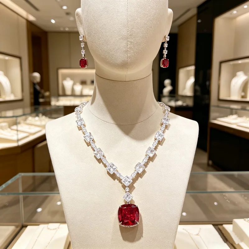 Europe America Style Earrings Necklace Women Lady Inlay Cushion Brilliant Red Square Cubic Zircon Pendant Party Jewelry Sets