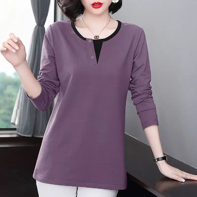 Middle Aged Women Elegant Button Contrast Color Long Sleeve Loose Basic T-shirt Spring Autumn Casual All Match Ladies Tops M-5XL