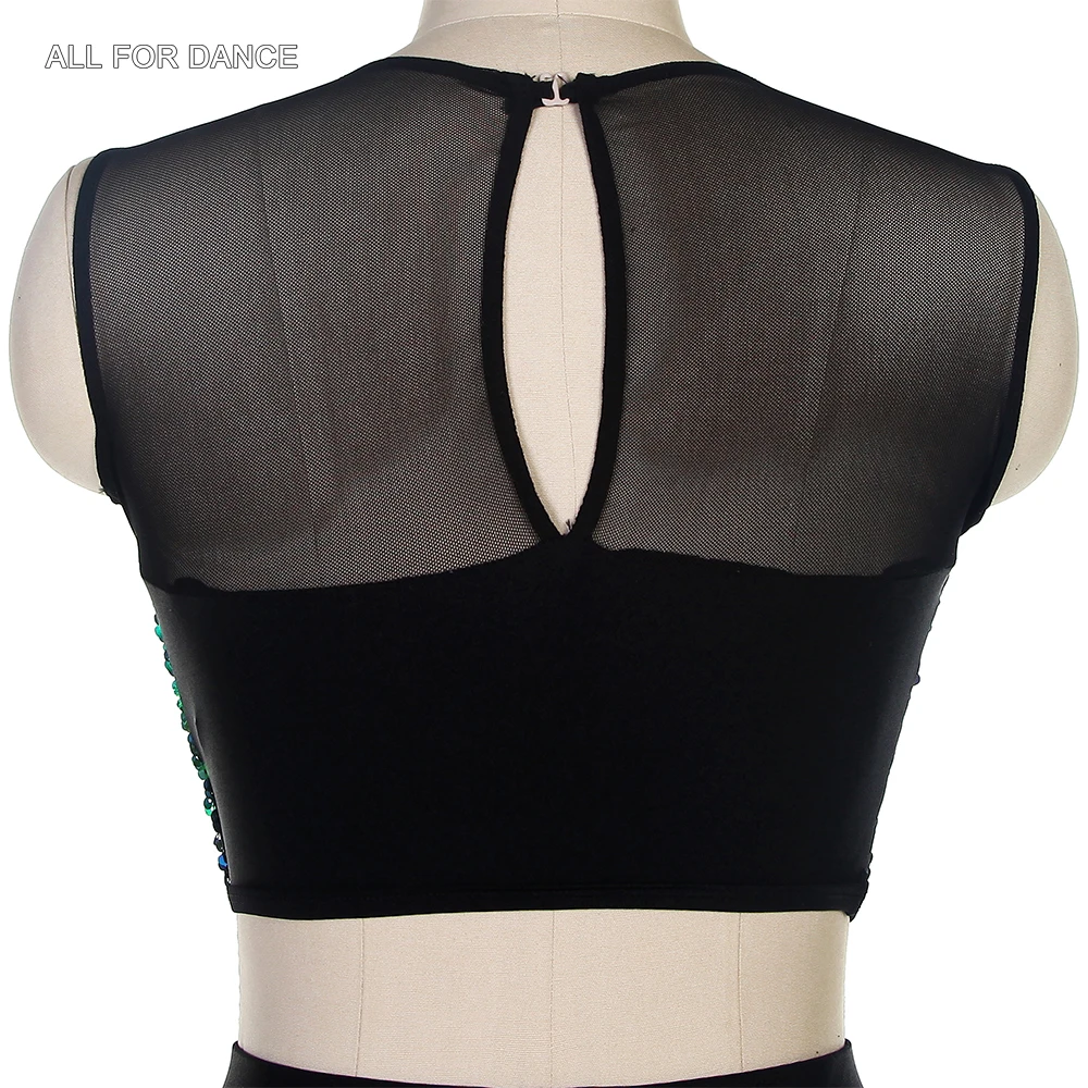 18037 Strój do tańca jazzowego, tap i hip hop dla dorosłych dziewcząt, zielony top z cekinami i siateczki z czarnymi długimi spodniami, kostiumy sceniczne
