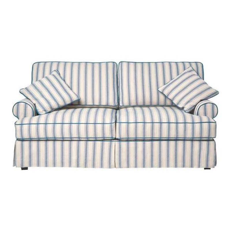 Französisches Retro-Sofa aus blau gestreiftem Stoff, abnehmbares und waschbares Doppel-Dreifach-Designer-Wohnzimmer-Kleinsofa aus Baumwolle und Leinen