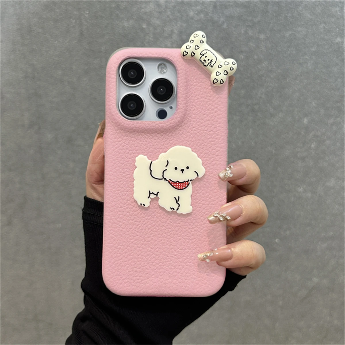 Korea Cute Cartoon 3D Dog Bone Litchi Pattern Phone Case For iPhone 16 15 13 14 12 11 Pro Max Lovely Puppy Soft Shockproof Cover