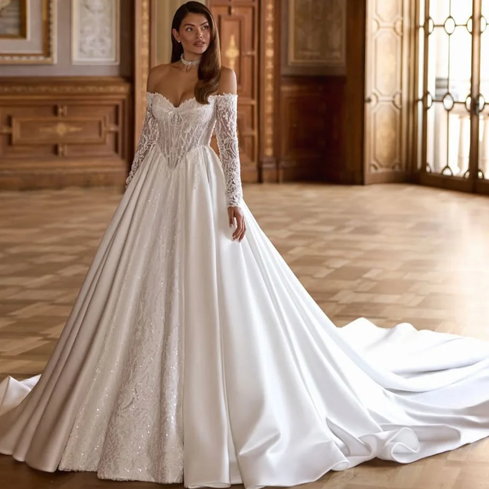 

High Quality Appliques Tulle Wedding Dress Customized Long Sleeves Sweetheart Bridal Gown Modern A-Line Beading Vestido De Novia