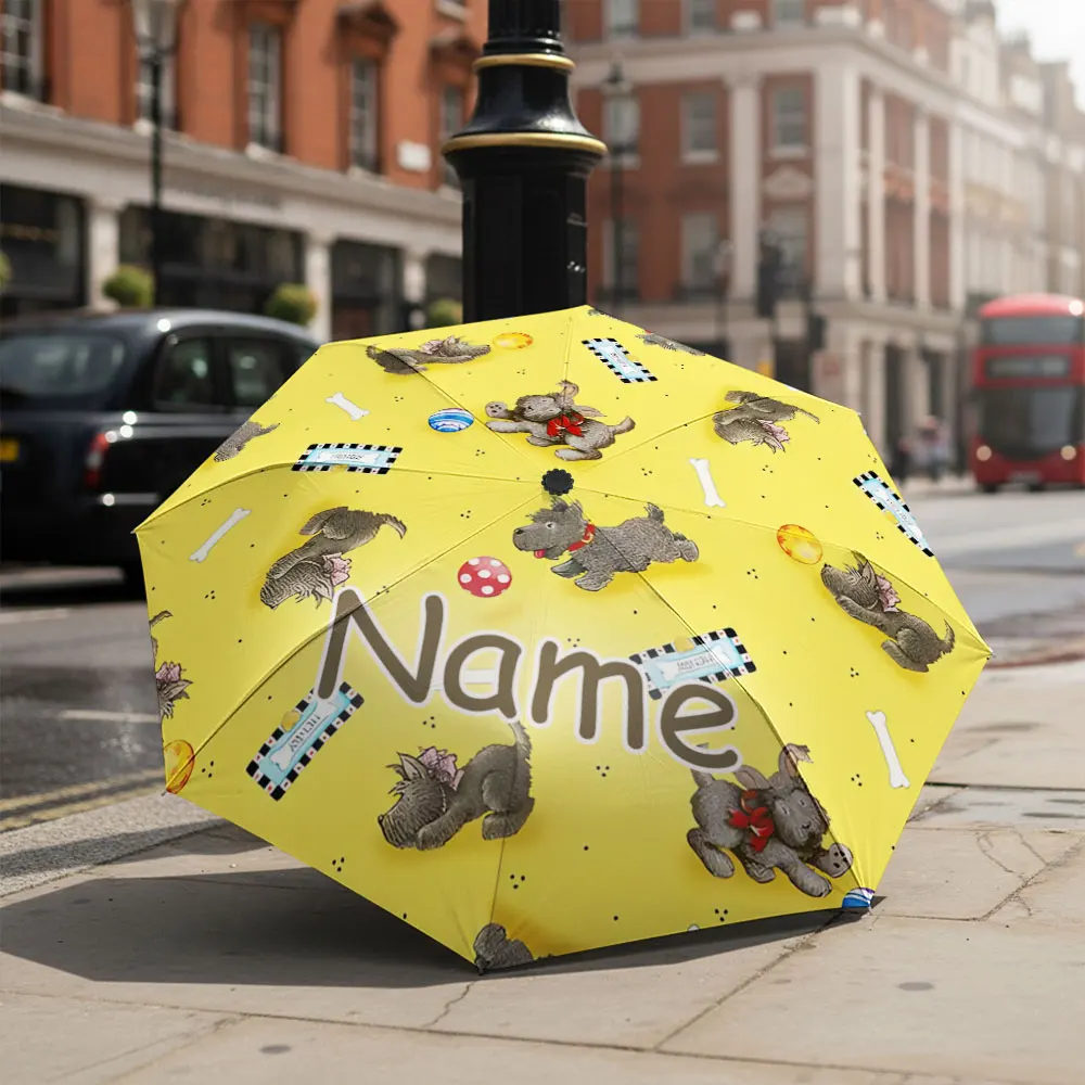 Custom Name umbrella, Cute Scottish Terrier Dog Pattern Fashion Folding Umbrella for Sunny and Rainy Days, Christmas Gift