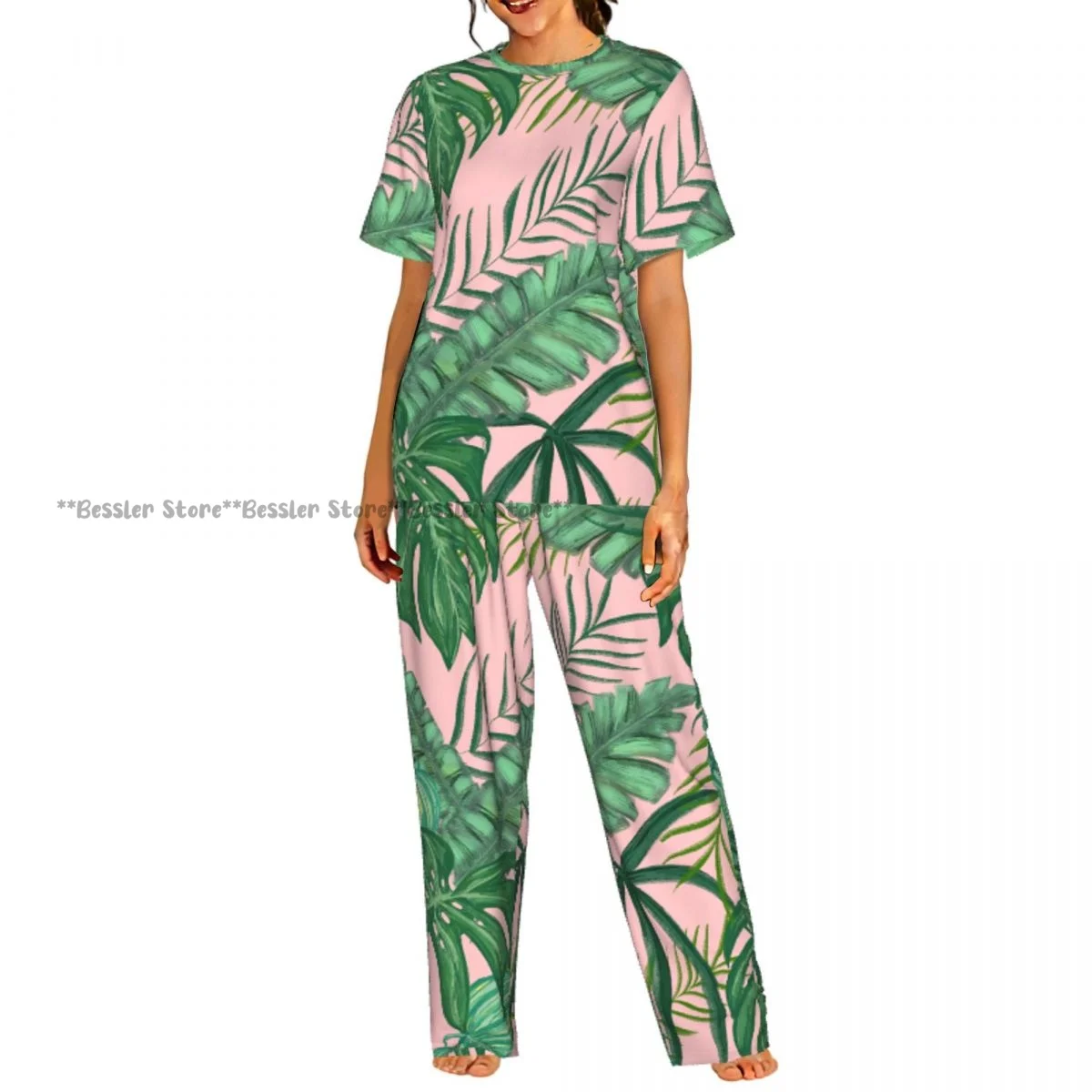 Tropical Green Leaves Pajamas Set Short-sleeved Women Home Clothing