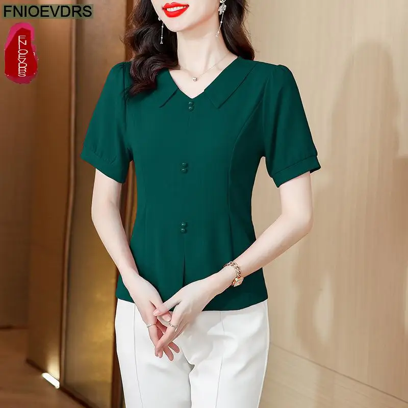 M-5XL 2024 Summer Cute Peplum Tops Women Basic Wear Office Lady Work Pink Green Red Elegant Button Shirts Blouses