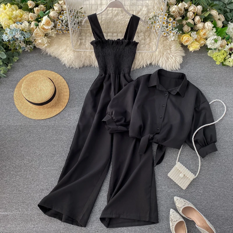 New Style Camisole Pleated Wide Leg Jumpsuit For Women's Standing Collar Short Sleeved Cardigan Women's Fashion Two-Piece Set