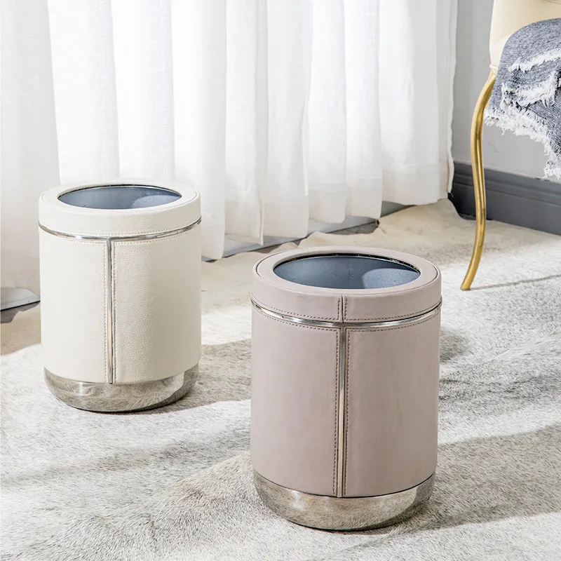 Stainless Steel Leather Cylindrical Trash Can, Light Luxury Waste Bin for Home Living Room Office Hotel Model Room Decor