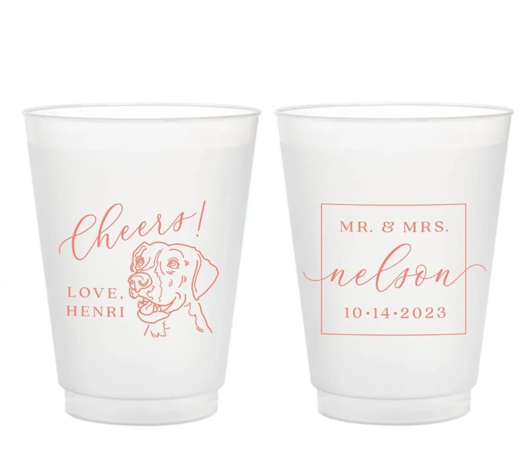 Custom Pet Illustration - Dog or Cat - 8oz or 10oz Frosted Unbreakable Plastic Cup #204 - Cheers - Wedding Favors, Wedding Cups,