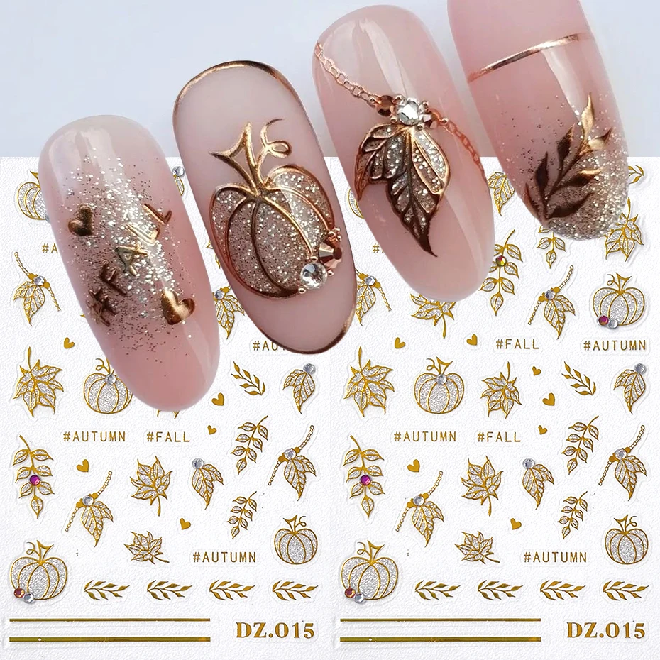 2pcs Gold Glitter Autumn Pumpkin Leaf Nail Stickers 3D Nail Decals Fall Maple Leaves Heart Design Nail Art Decorations Manicure