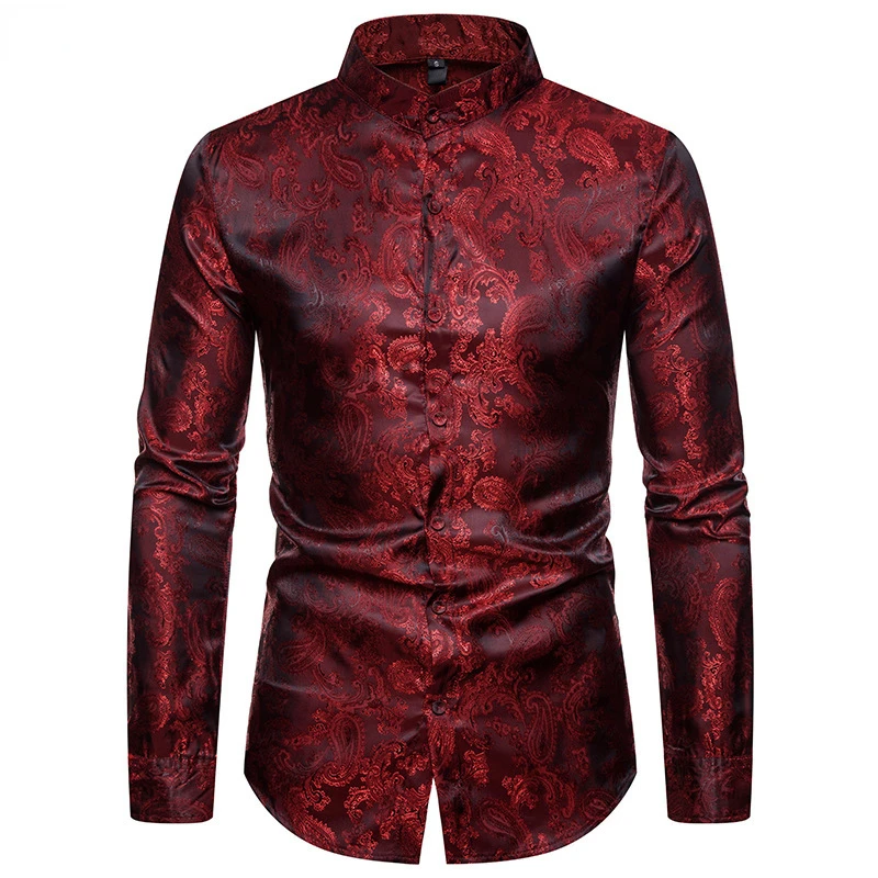 Stylish Wine Red Paisley Jacquard Dress Shirts Men  Stand Collar Wedding Club Party Social Shirt Male