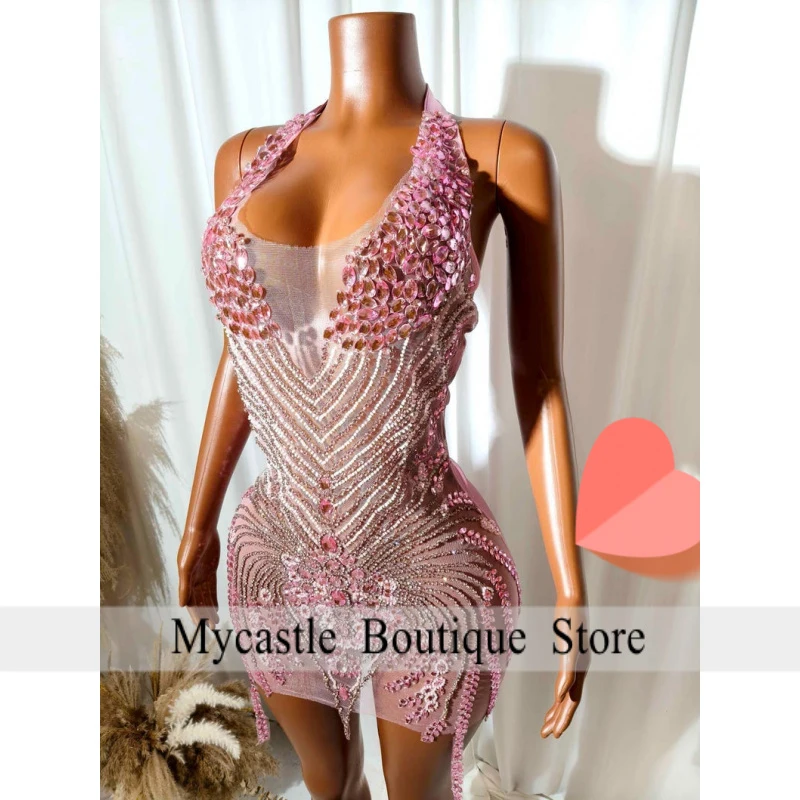 Luxury Halter Neck Pink Rhinestone Sheer Birthday Party Dress 2026 Women Custom Glittery Trumpet Gown Mini Gowns Customized