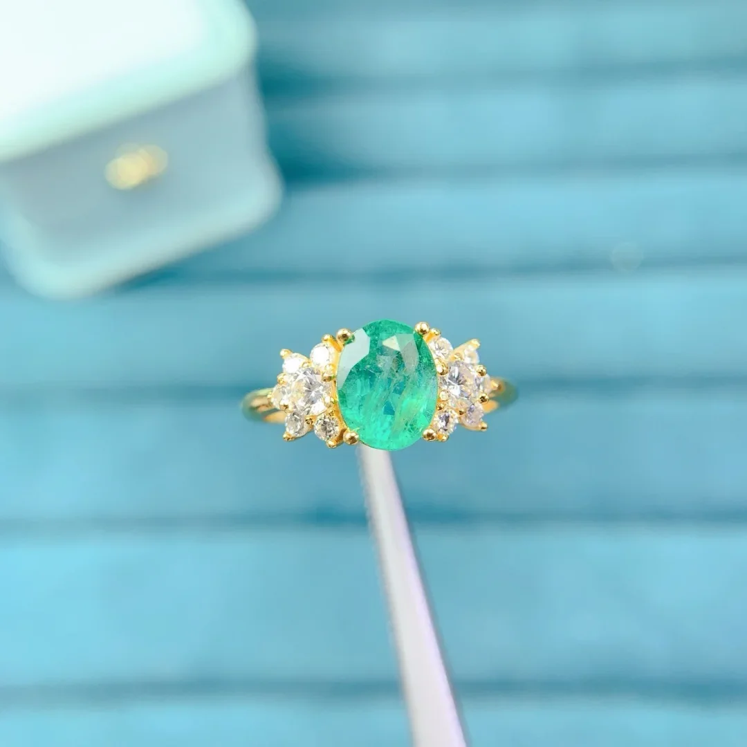 Splendid Natural Emerald Ring S925 Pure Silver Fashion Jewelry Clear and Transparent Gem High End Anniversary Female Presents