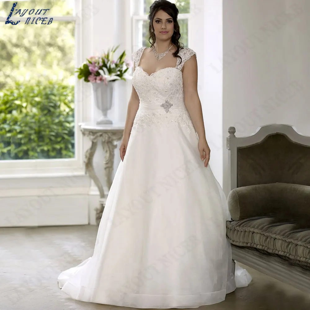 LAYOUT NICEB Plus Size Cap Sleeves A-Line Wedding Dresses V-Neck Backless Bride Gowns Back Lace Up Tulle Custom Made vestidos