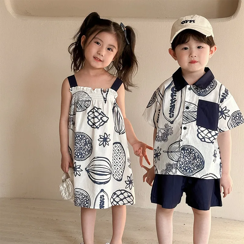 

Summer New 1-10 Years Old Brother Sister Clothes Girls White Dark Blue Suspender Dress Boys Cotton T Shirt Shorts 2PCS Suit