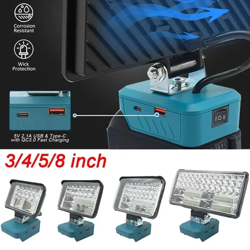 

Portable LED Work Lamp Light Flashlight Torch Spotlight with type-C USB Output Port Power Bank for Makita 18V Li-ion Battery