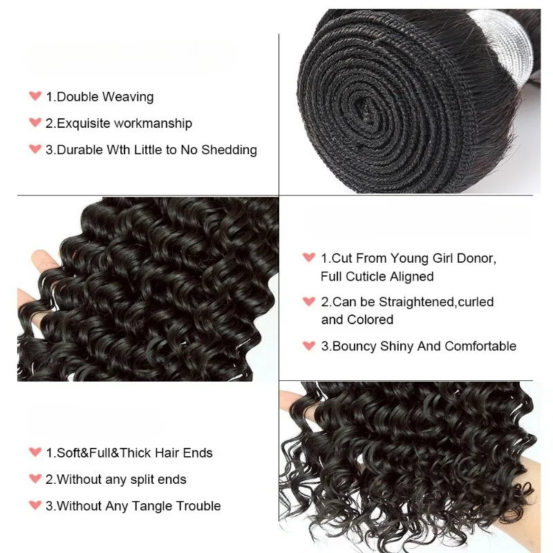 Mechones de cabello humano con ondas profundas 12A, 2/3 Uds., con cierre de encaje 4x4 para mujeres negras, cabello virgen brasileño 100% sin procesar