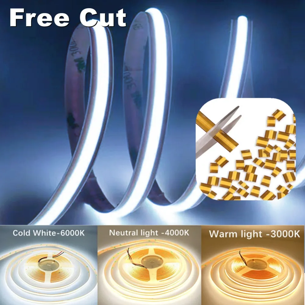 8mm PCB COB LED Strip Light 12V 24V Free Cut 400LEDs/M 528LEDs/M High Density Flexible Tape Home Decor Warm Natural White