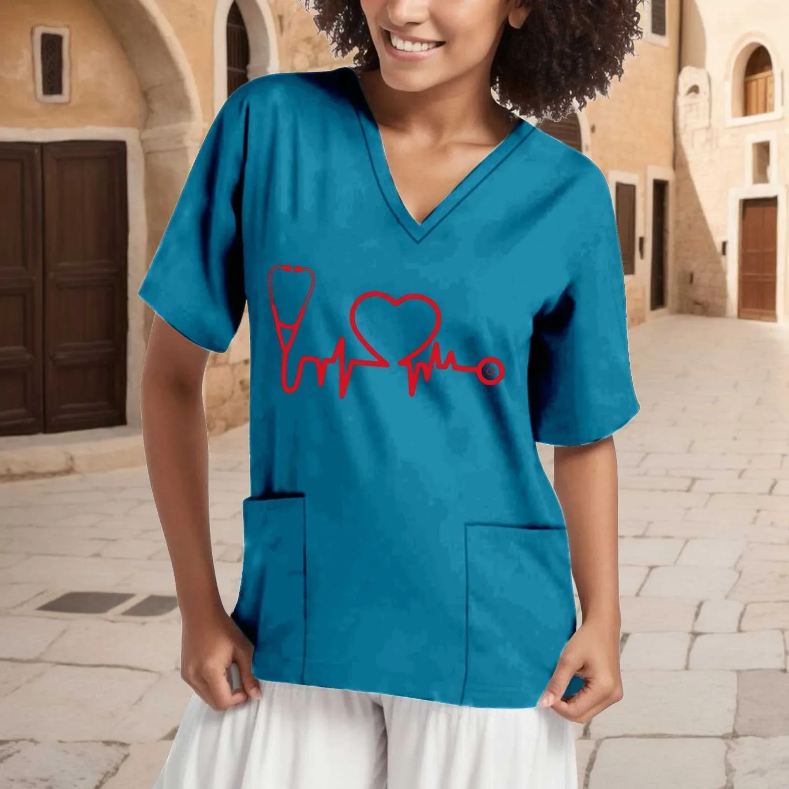 

Summer Women's Clothing With Heart Pattern Short Sleeved V-Neck Fashion Frosted Tops Uniform Short Sleeve Doctor Nurse New