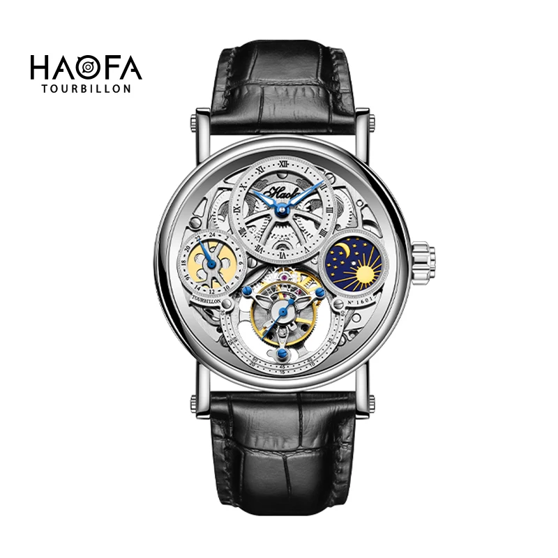 Haofa Skeleton GMT Tourbillon Movement Mens Watch Sapphire Mechancial Tourbillon Wristwatches Day And Night Watch 1601