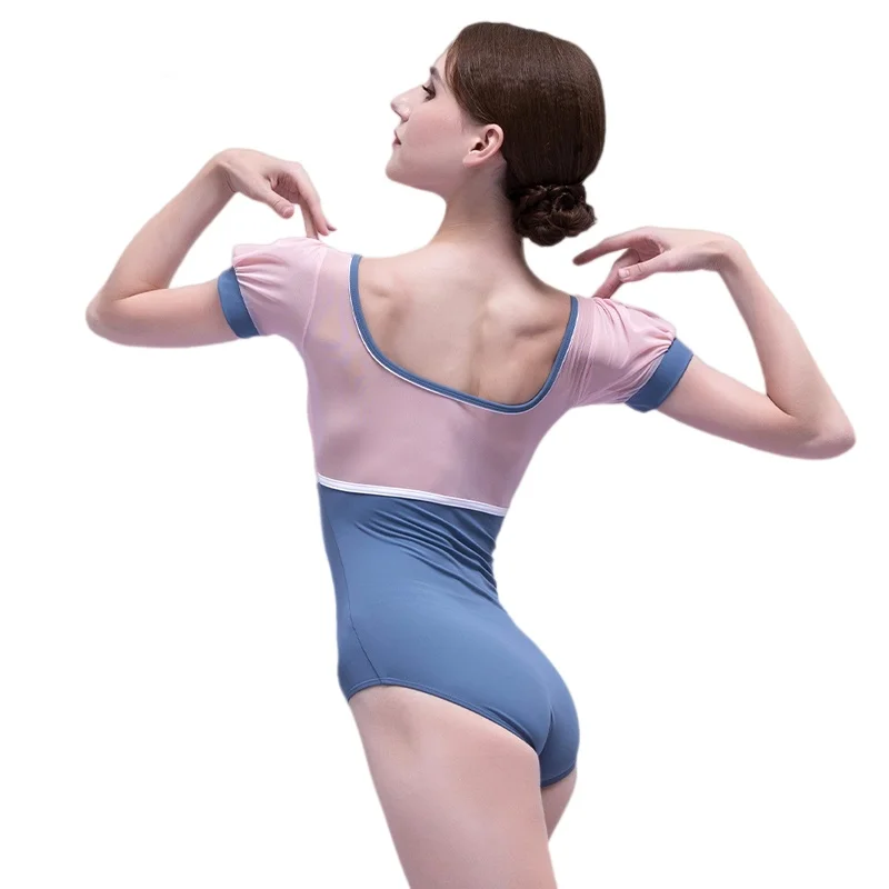 Women's Ballet Leotard Short Sleeve Floral Bud Design Contrast Color Gymnastics Bodysuit Elegant Stretch Swimwear-Style Unitard