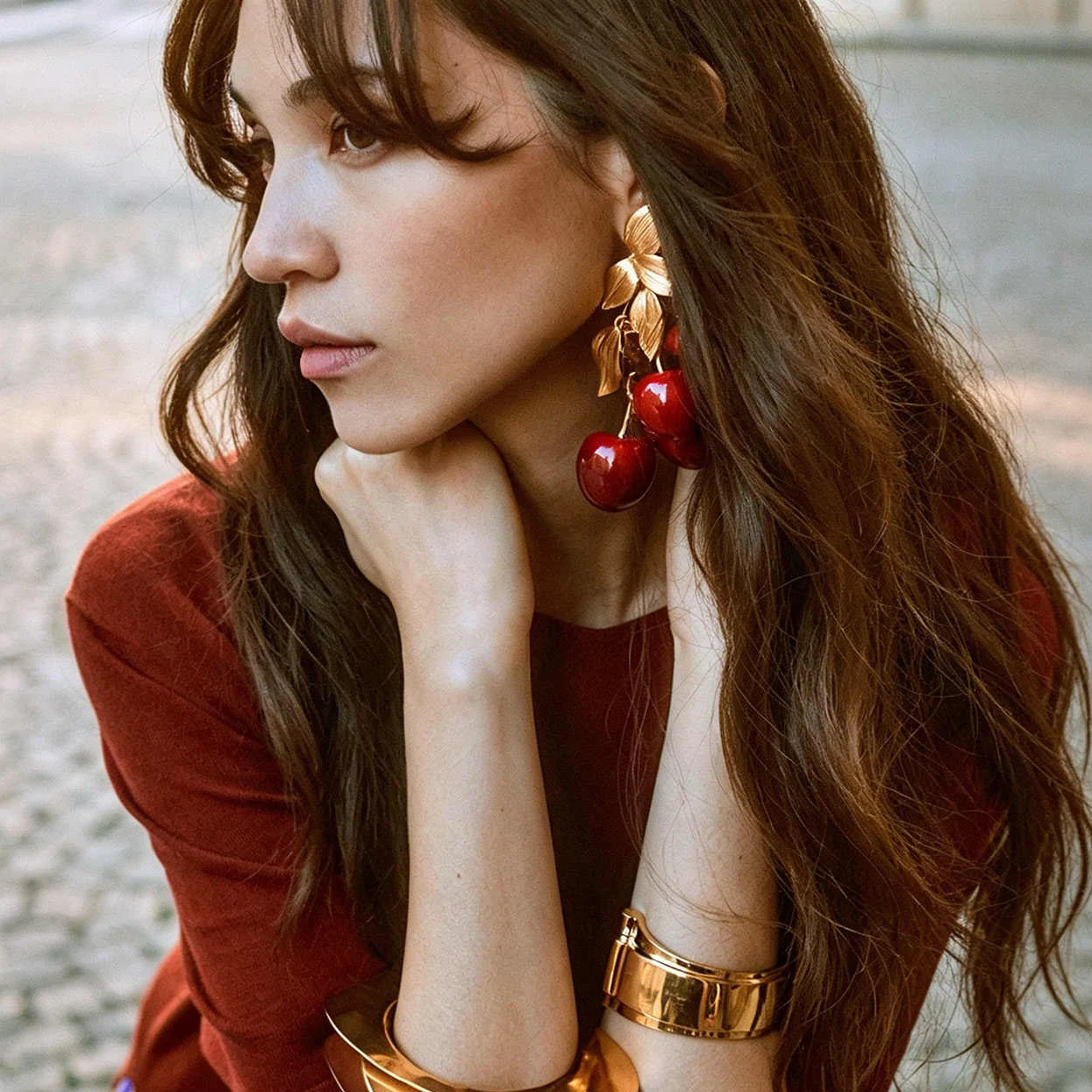 Hot Europe America Cherry Brass Gold Plated Earrings Necklace Bracelet Luxury Set Woman Designer Brand Jewelry Accessories