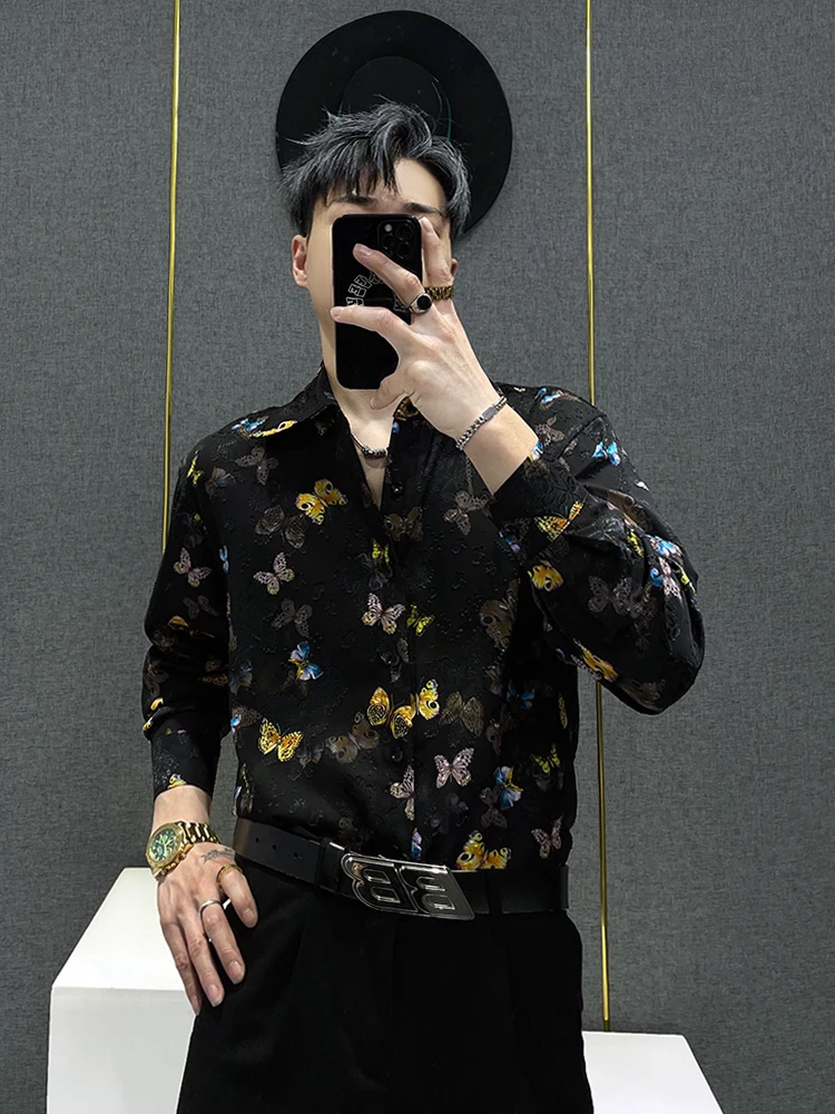 

Men's Summer 2024 Breathable Floral irt Thin Chiffon Print Long Sve Faionable Spring Youth Polyester Fiber arp Collar