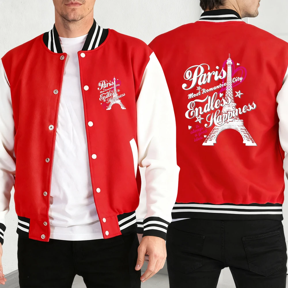 

Paris Most Romantic City Print Mans Baseball Jacket Casual Clothes Autumn Loose Jersey Fleece Unisex Vintage All-Match Coats
