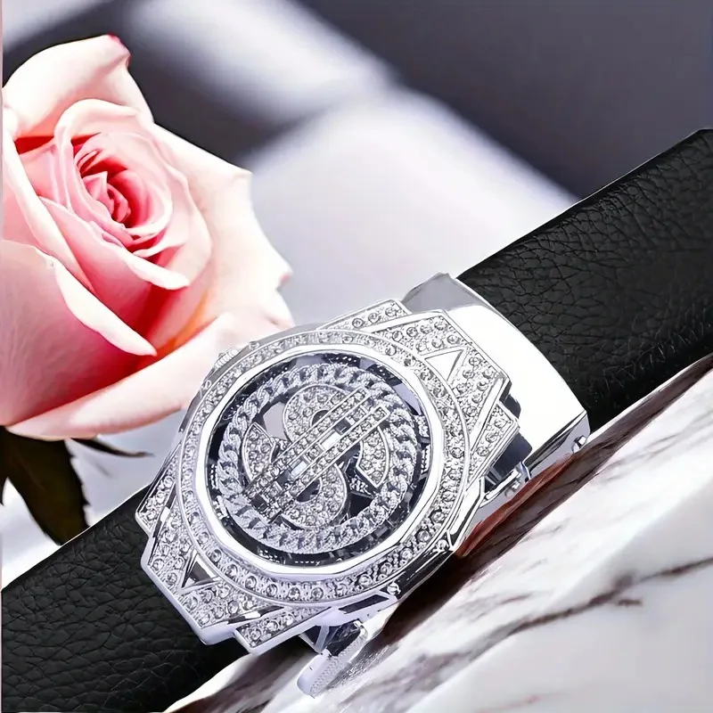 Men's Luxury Faux Crocodile Leather Waist Belt with Rotatable Rhinestone Round Buckle Fashion Waistband  Cosplay Accessory