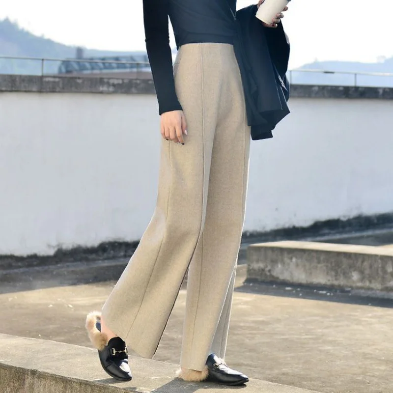 Autumn Winter Super High Waist Wool Blend Womens Pants 2025 New Loose Female Straight Trousers Korean Versatile Lady Pants