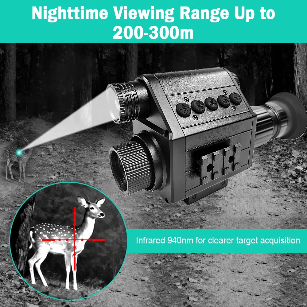 Professional crosshair outdoor night vision device, 1080P telescope, AI ZOOM 5X 940nm IR three-level visible 200-300 meters, aluminum alloy impact resistant rechargeable battery, suitable for outdoor/fishing/camping