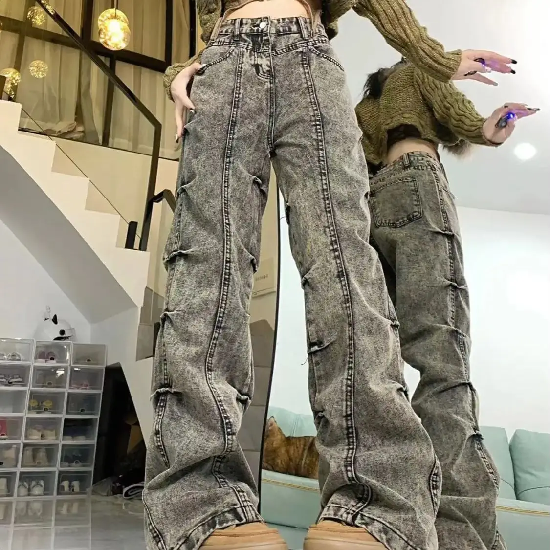 Jeans Washed Pleated Design Autumn High-Waisted American Retro Loose Wide-Leg Slightly Flared Pants Women