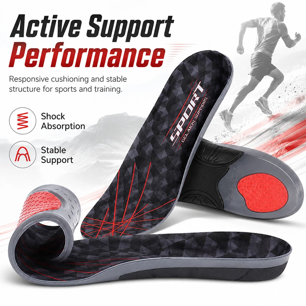 GEL TPE Sports Insole Plantar Fasciitis Shock Absorption Comfort Sweat Breathable Arch Support for Running Walking Long Standing