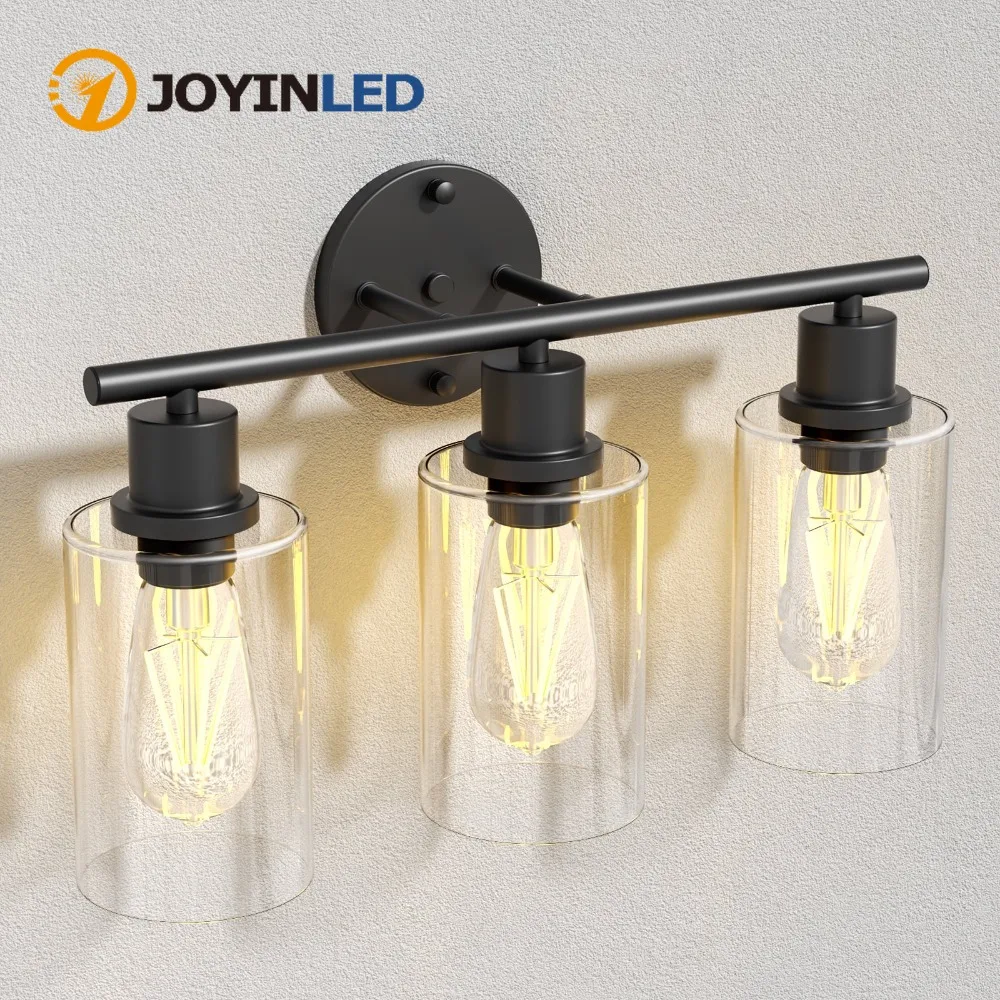 

3-Light Black Vanity Wall Lamp with Clear Glass Shade E26/E27 Modern Bathroom Light Fixtures for Living Room Bedroom Hallway
