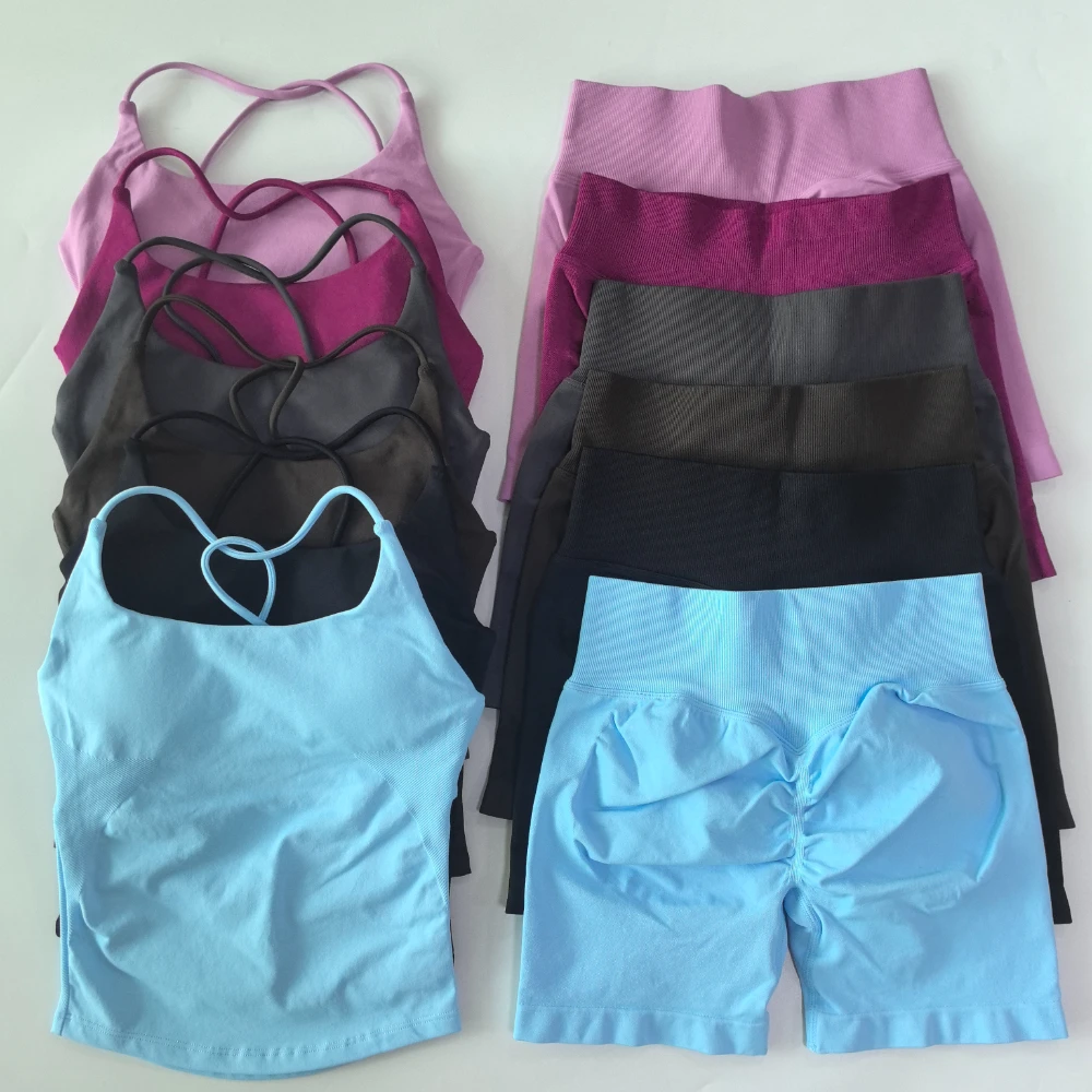Pericic 2-teiliges Sportset für Damen, Twist-Back-Top, rückenfreier Träger-BH, Yoga-Shorts, Fitness-Set, Trainingskleidung, Outfit, Fitnessanzug – Detail 7