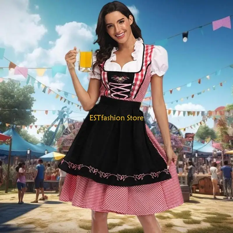 Y5GC 3Pcs Womens German Bavarian Oktoberfest Costumes,Dirndl Dress Apron Bows Ribbon for Halloween Beer Carnival Party