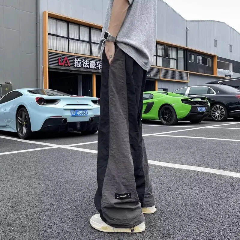 Colorblock السراويل المستقيمة الرجال بناطيل كاجوال مرونة الخصر سراويل للجري الجانب شريط البضائع السراويل الرجال الهيب هوب الشارع الشهير