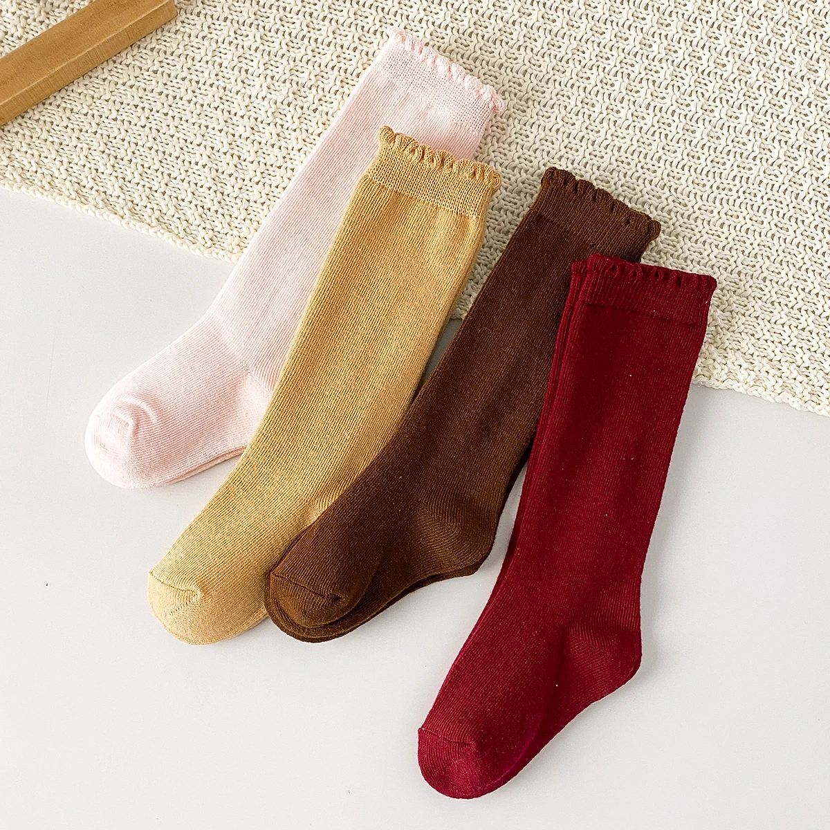 4 Pairs Knee-high Baby Toddler Socks, Children's Girl's Solid Color, Comfy Breathable Soft Non-Slip Socks for Kids' Daily and O