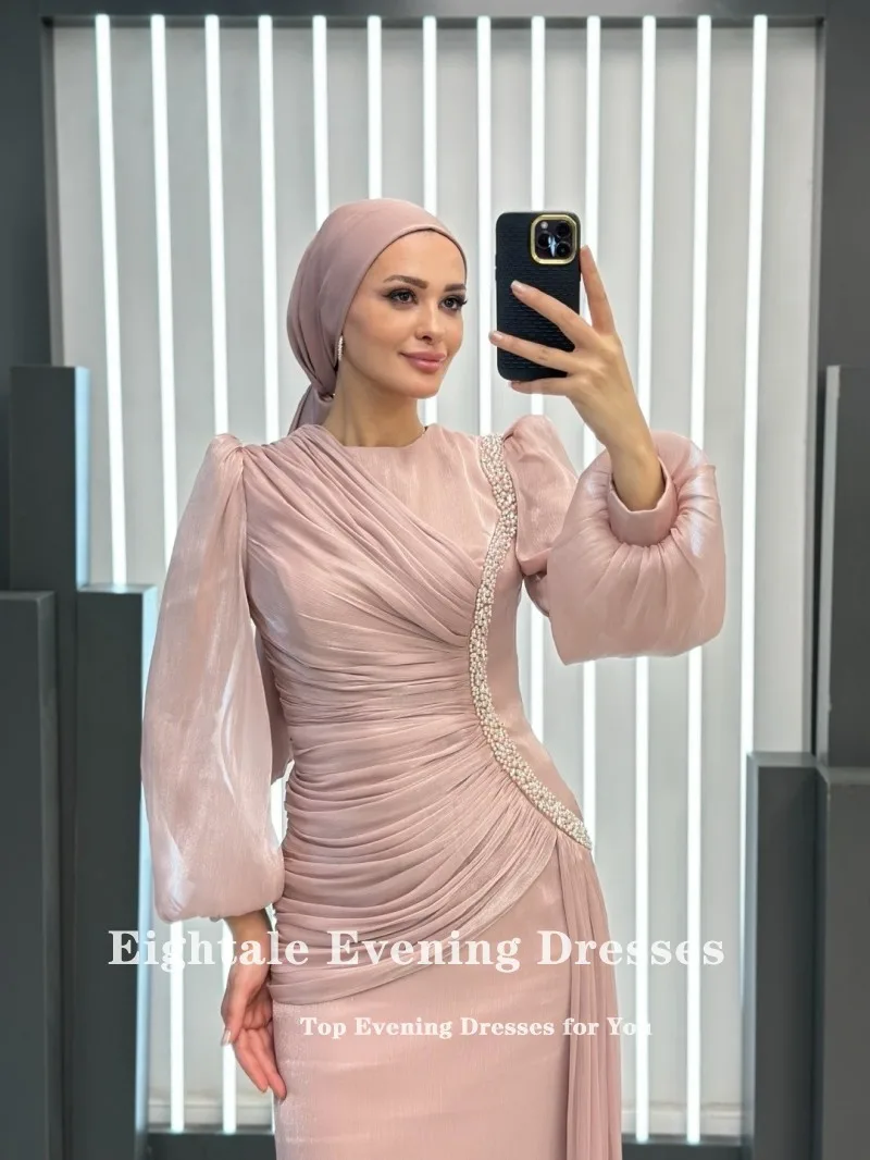 Eightale Abito da sera arabo O-Collo Pieghe Crepe Personalizzato Perline lucide Lunghezza pavimento Sirena Rosa Abito da cerimonia nuziale da ballo